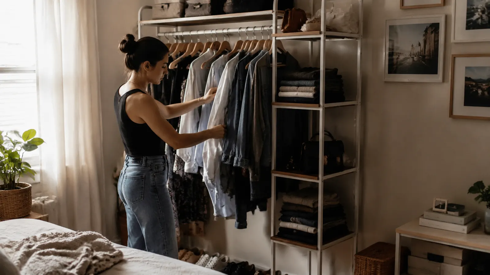 Freestanding closet loaded with clothes and accessories in a rental apartment corner