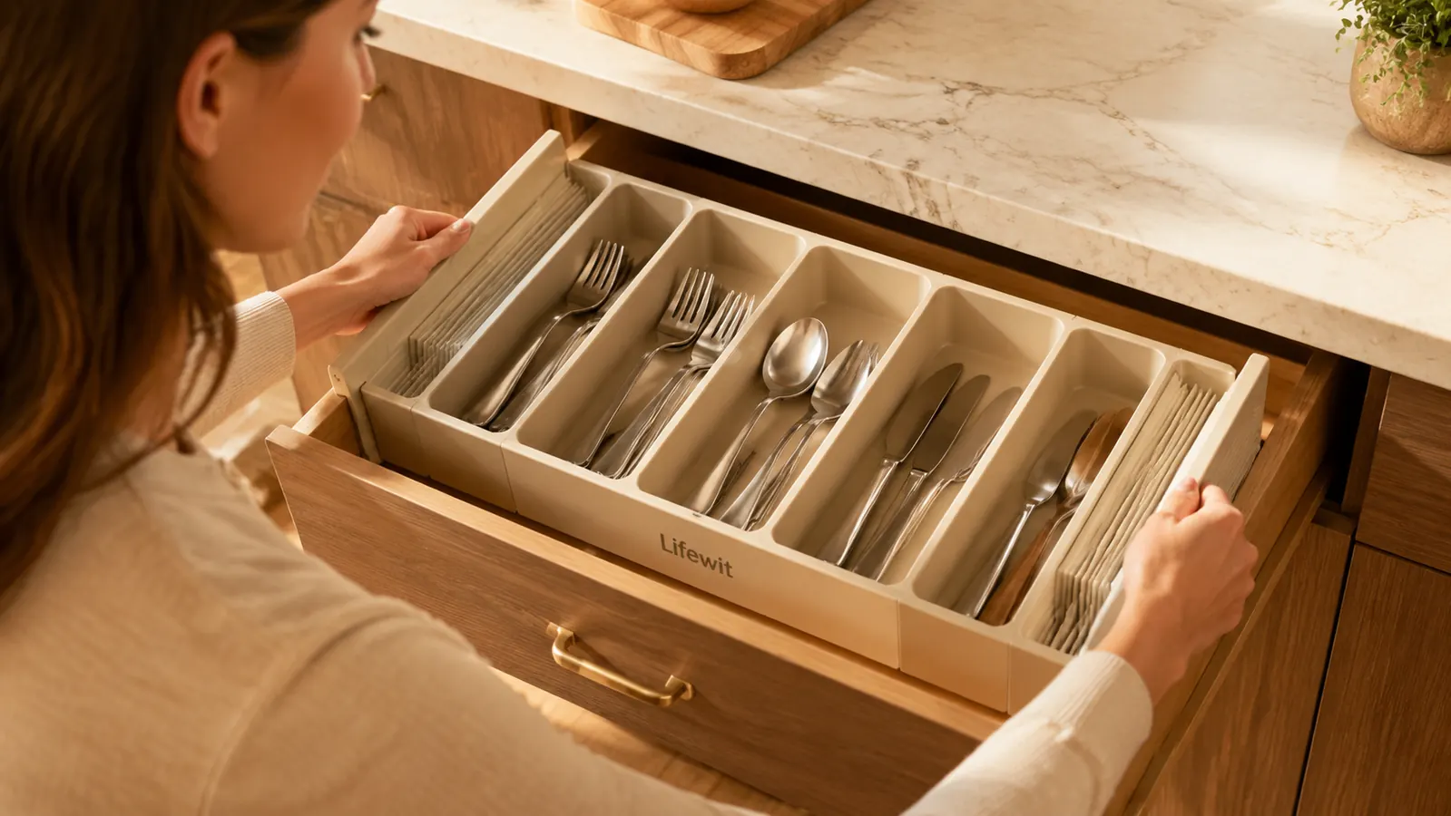 Hands placing the Lifewit expandable utensil tray into a kitchen drawer and adjusting its width