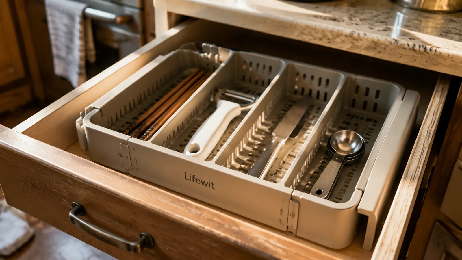 Close-up of the Lifewit tray compartments holding chopsticks, a peeler, a butter knife, and measuring spoons