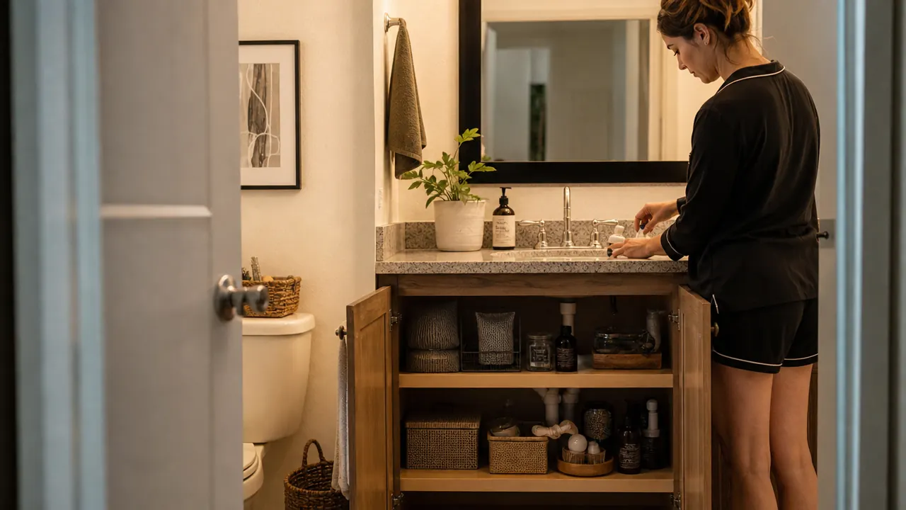 Under-sink cabinet in a rental bathroom with a white 2-tier organizer holding toiletries, extra soap, and a small spray bottle on each level