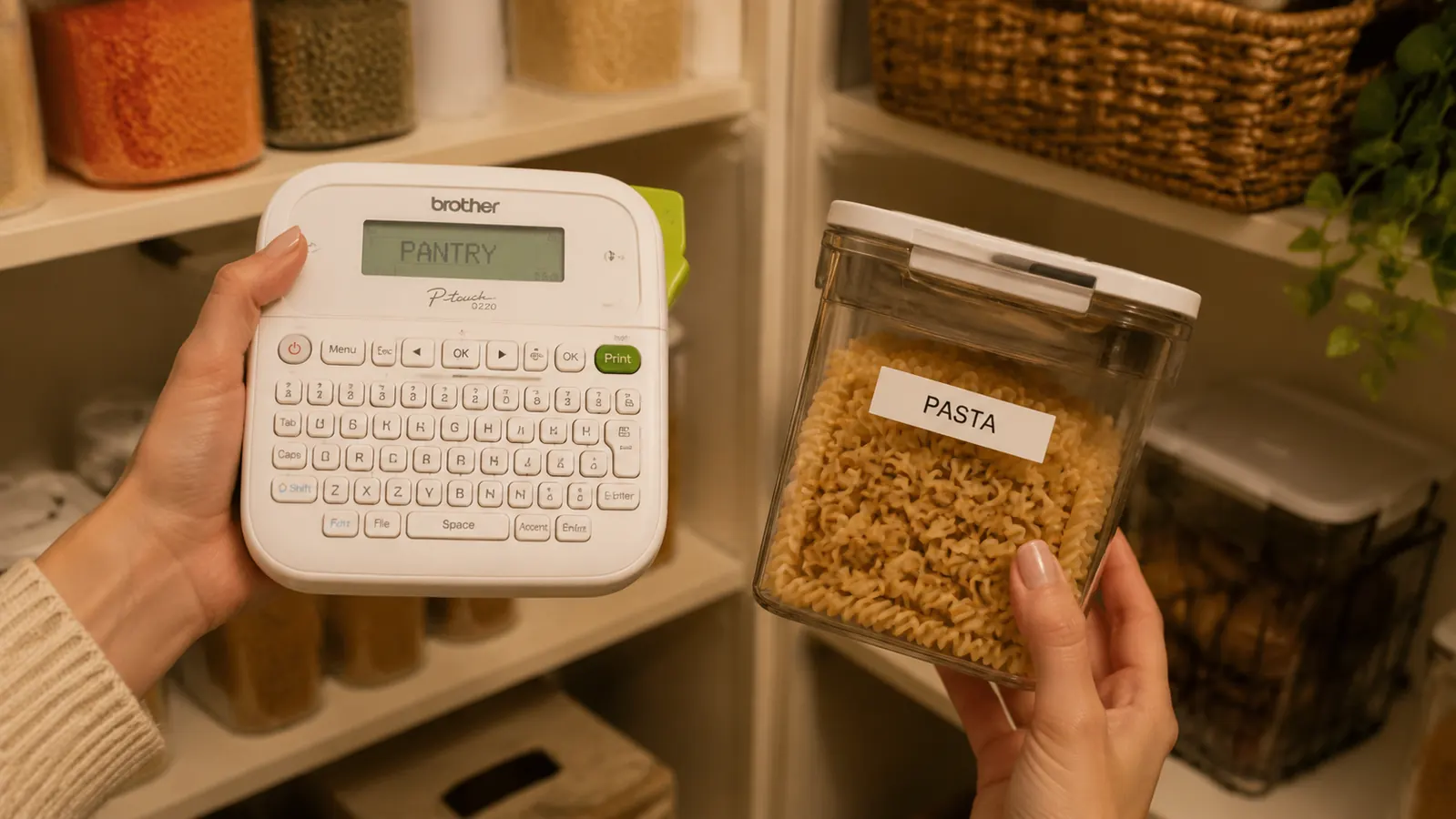Hands using the Brother P-Touch PTD220 label maker to print a label strip