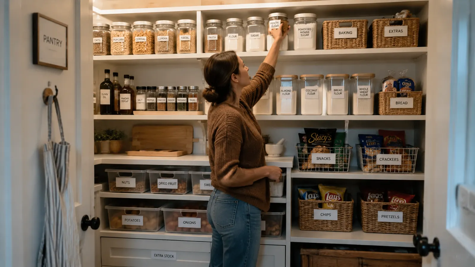 Kitchen junk drawer with dividers and printed labels on each compartment