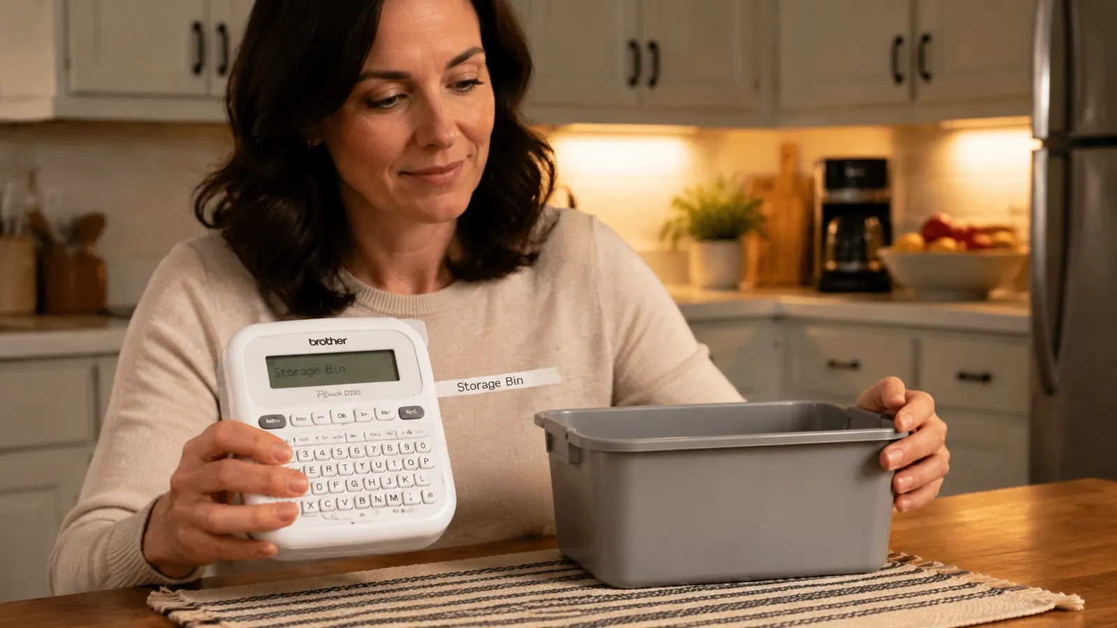Hand pressing the Brother PTD220 label maker against a clear storage bin to apply a printed label