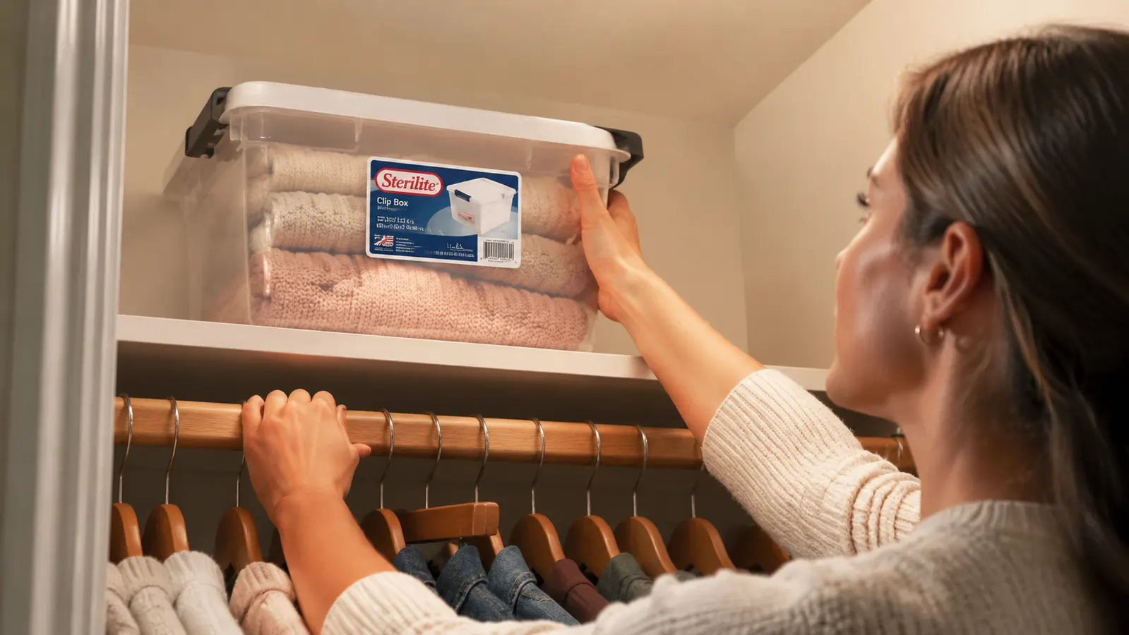 Person measuring a closet floor with a tape measure before placing storage bins