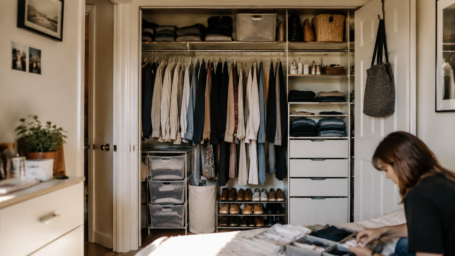 Organized closet floor with labeled clear bins categorized by type: seasonal, linens, tools