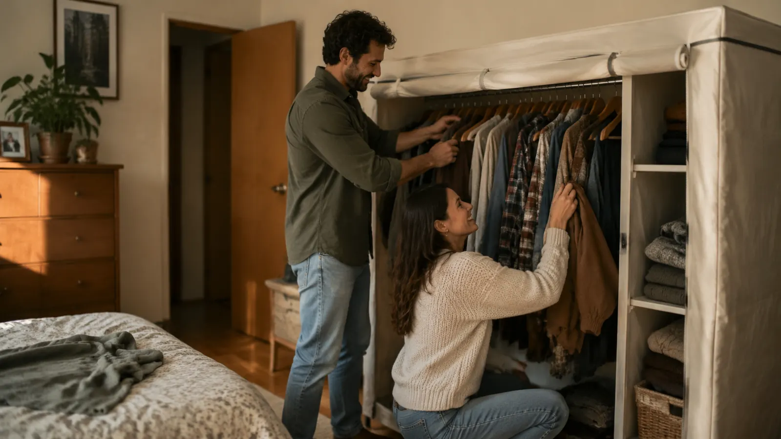 Fully loaded freestanding closet with hanging clothes, folded items on the top shelf, and shoes on the bottom