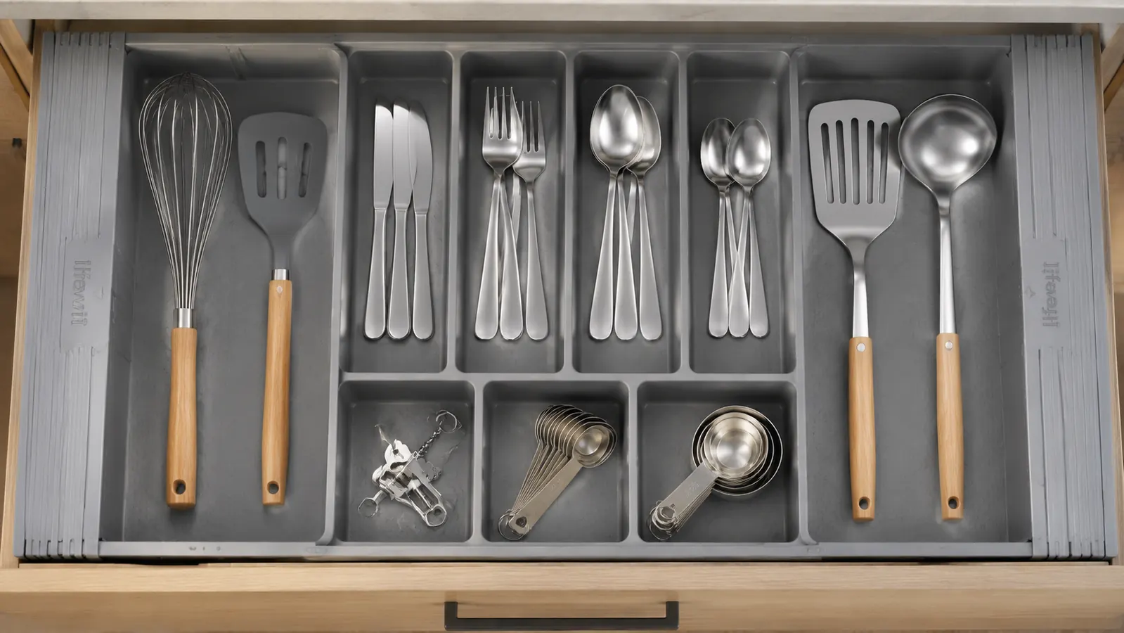 Lifewit expandable drawer organizer fully extended on a kitchen counter next to a measuring tape showing total width