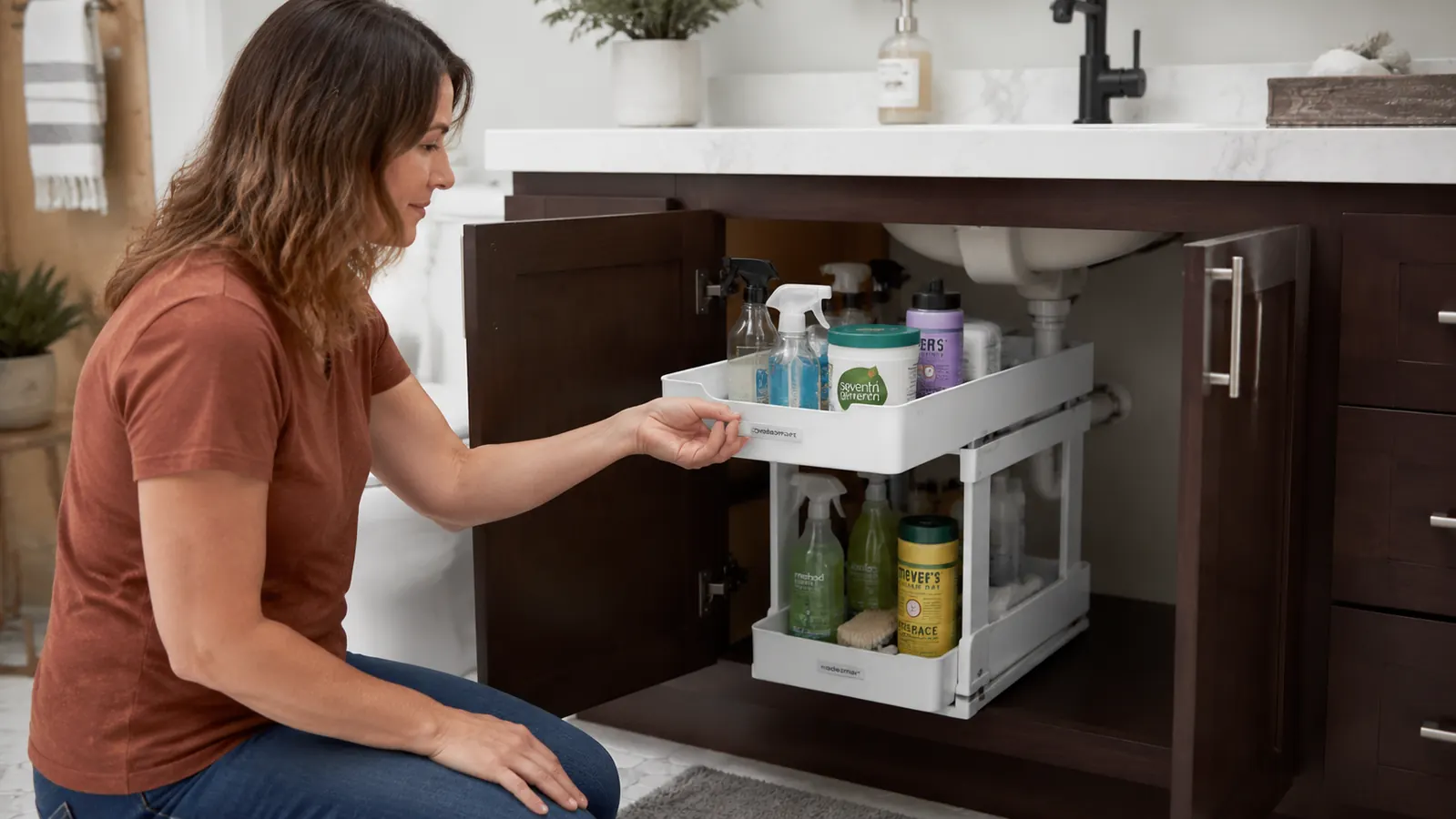Hands sliding out the lower drawer of the madesmart 2-tier organizer loaded with spray bottles