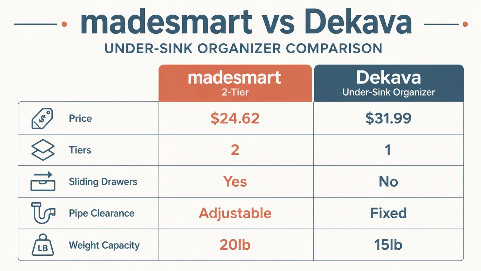 Comparison chart showing madesmart and DEKAVA organizer dimensions, pipe clearance, and price side by side