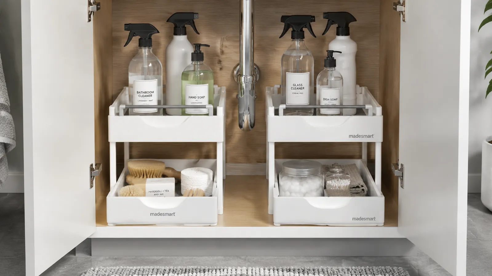 Hand reaching into a bathroom cabinet to pull out the madesmart sliding drawer tray, showing easy one-handed access to cleaning supplies