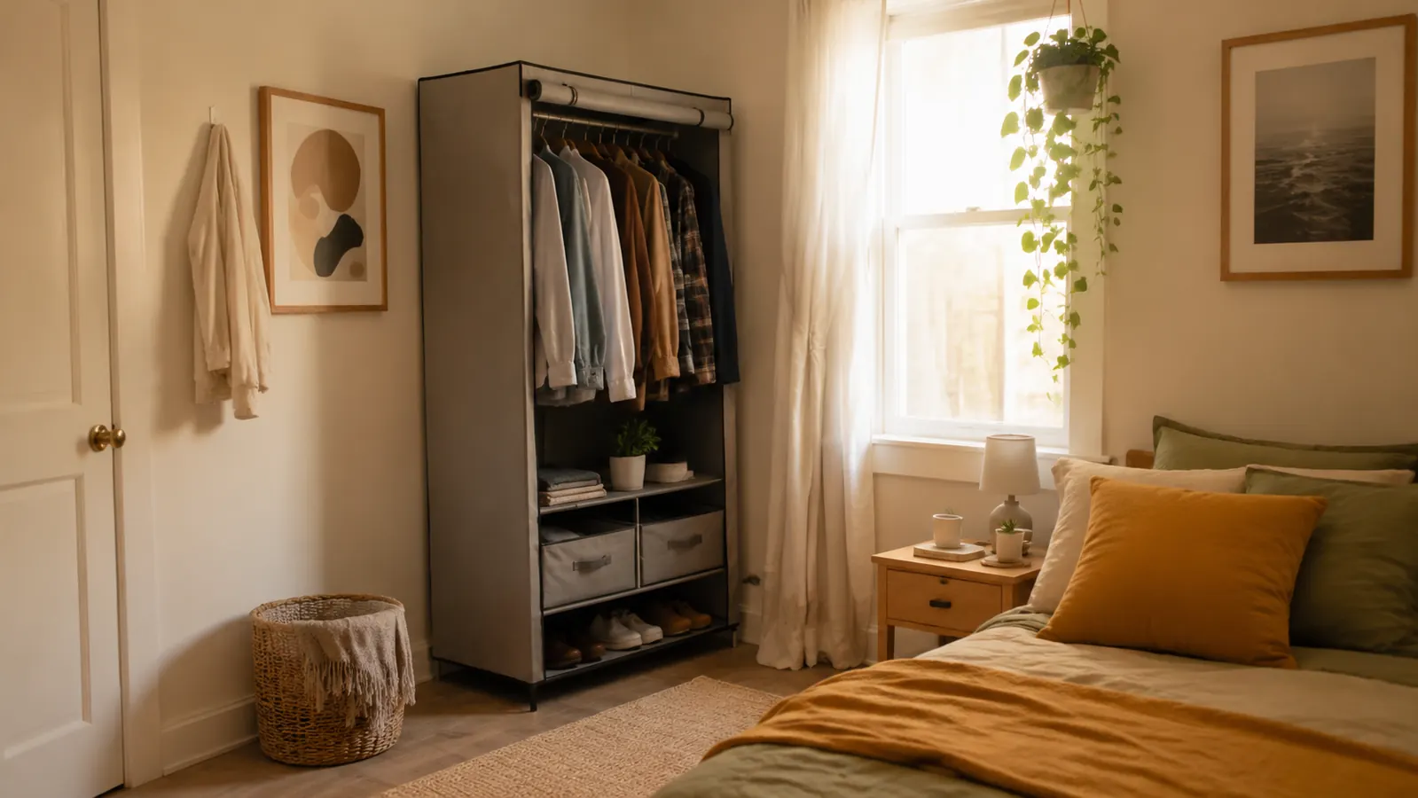 A guest bedroom with a portable closet, fresh bedding, and clear floor space, ready for visitors