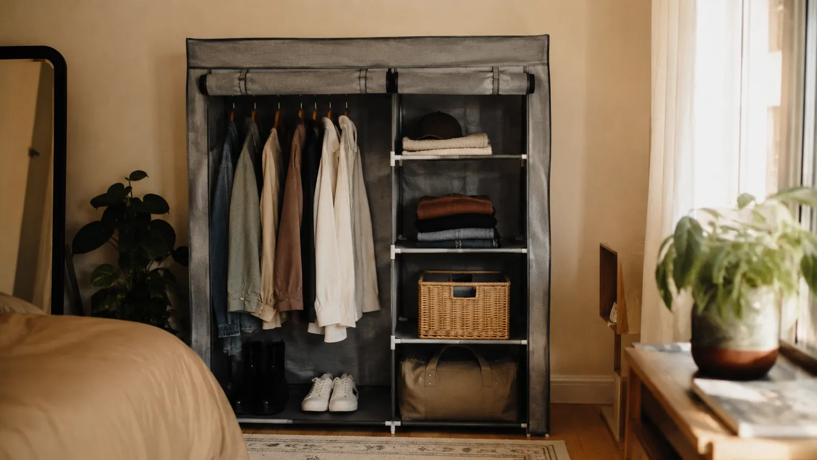 Close-up of the mesh viewing window and zipper on a portable wardrobe cover with shirts visible through the fabric