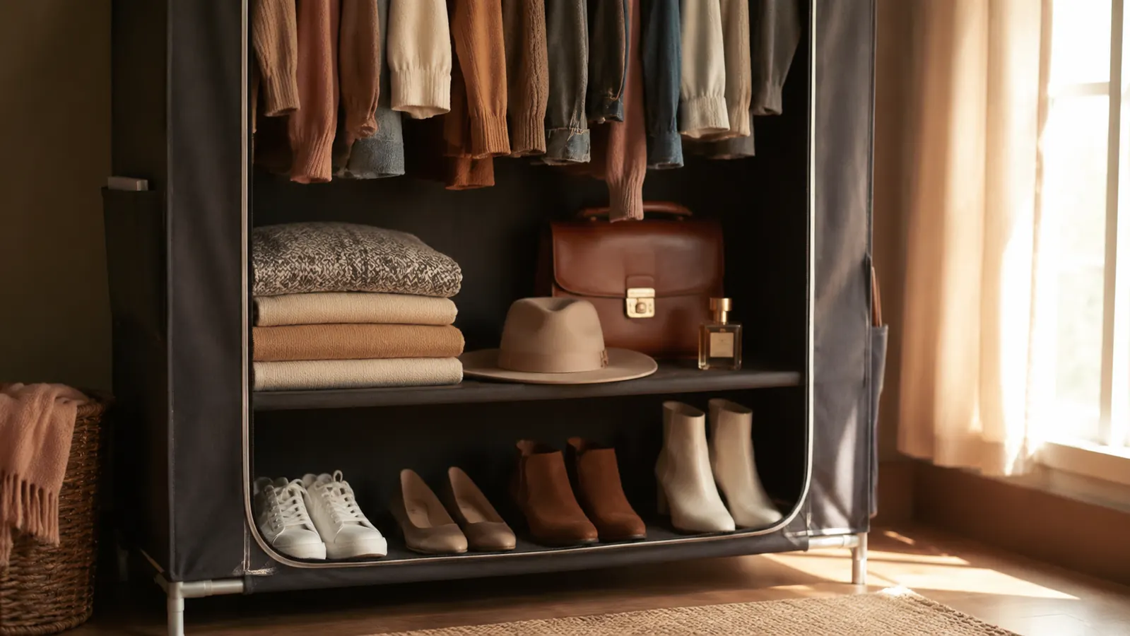 Neprock wardrobe with the fabric cover removed to show the bare steel frame structure and connector joints