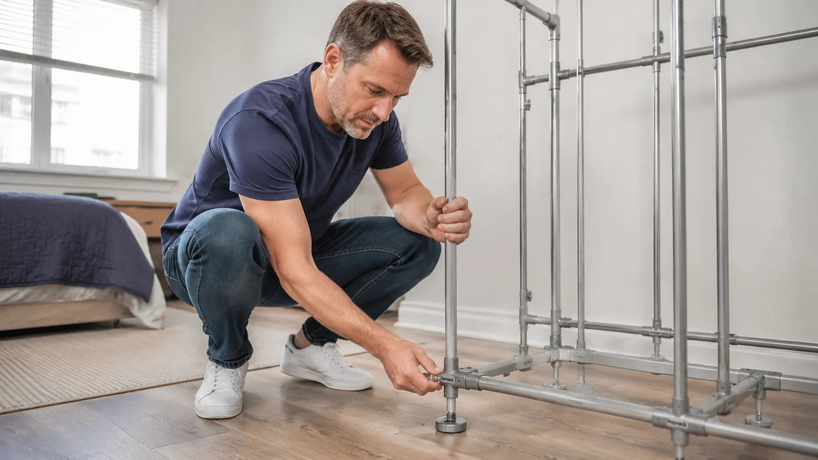 Non-slip furniture pad placed under one foot of a freestanding wardrobe on a hardwood floor