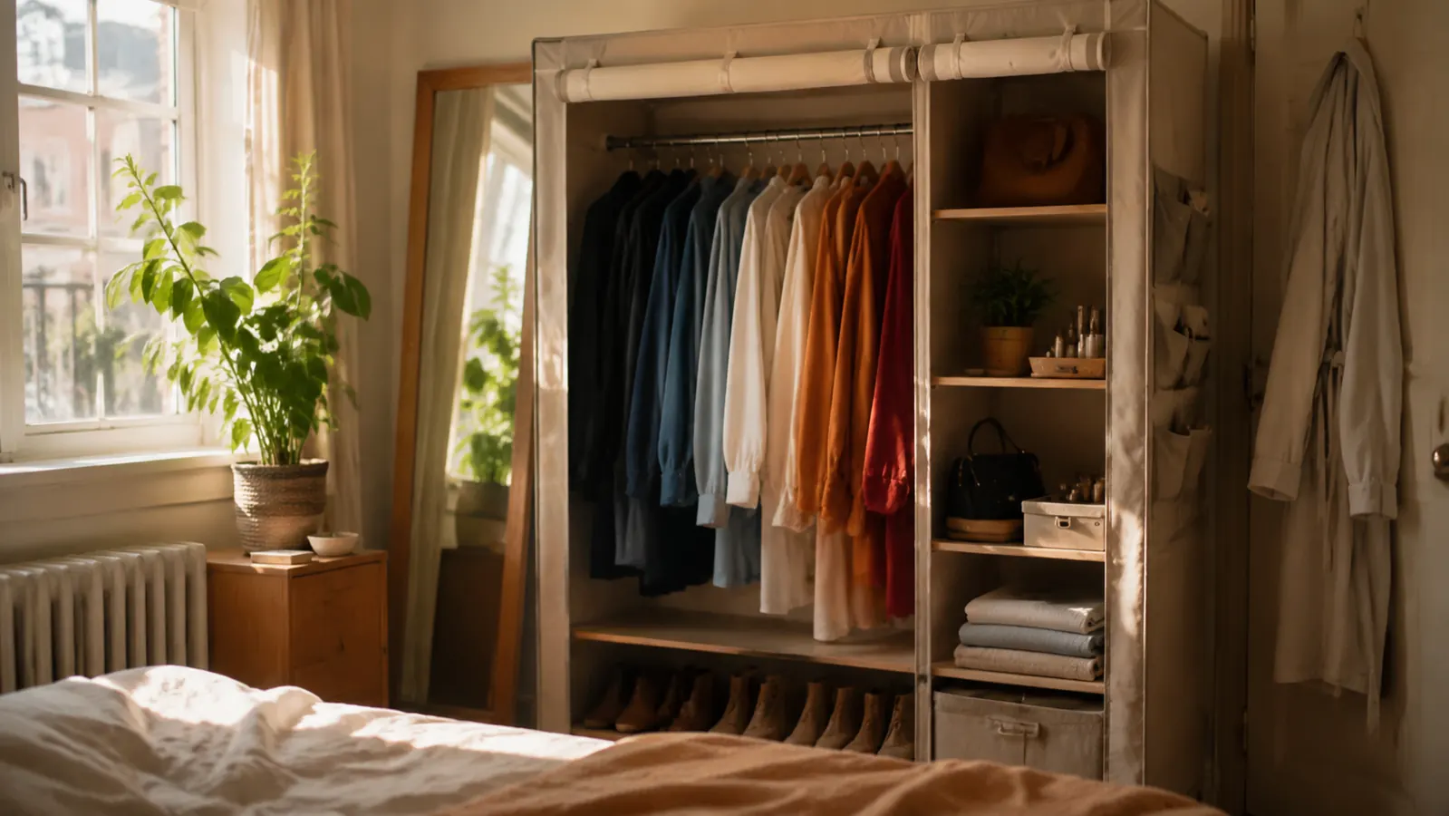 Fully loaded Neprock portable closet with winter coats and daily wear hanging from the rod, shelves stacked with folded items
