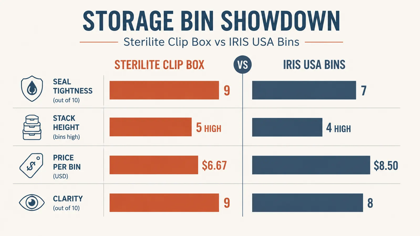Comparison chart showing Sterilite Clip Box versus IRIS USA bins across six specification categories