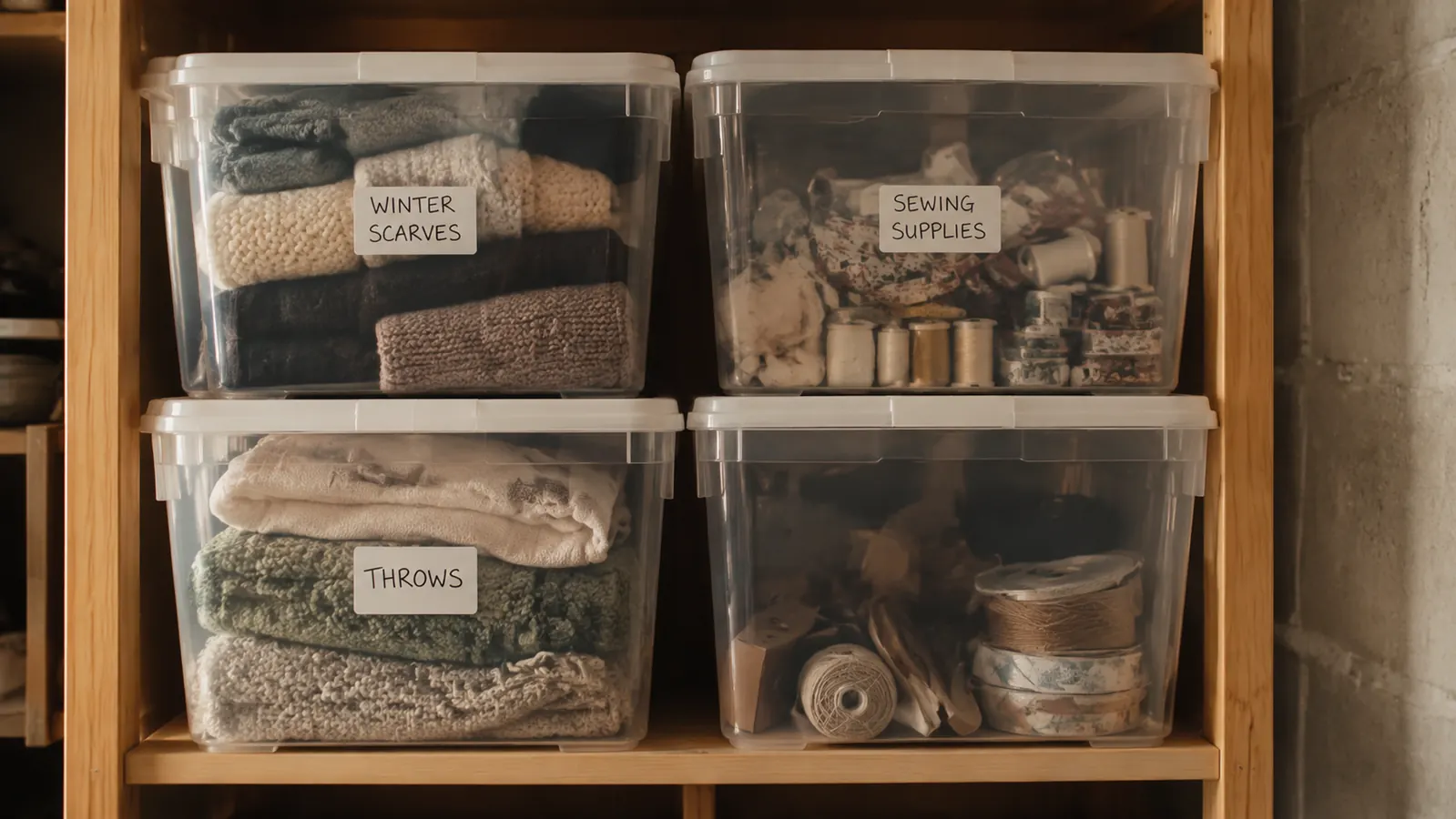 Four Sterilite Clip Boxes stacked in a hall closet with folded linens visible through the clear walls